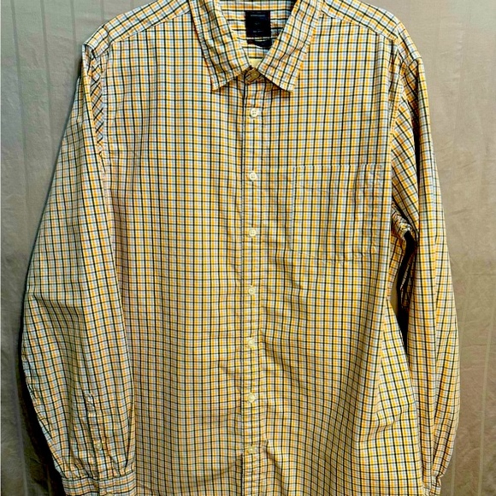GAP Men’s Button-up Dress Shirt XL Long Sleeve plaid white orange blue & gray